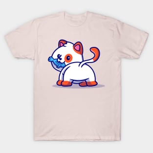 Cute Cat Eating Fish Cartoon T-Shirt